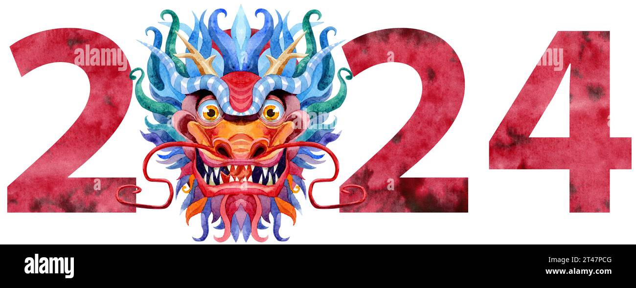 New year 2024 watercolor number isolated on the white background Stock