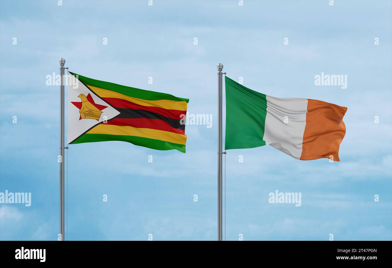 Ireland and Zimbabwe flags waving together in the wind on blue cloudy ...