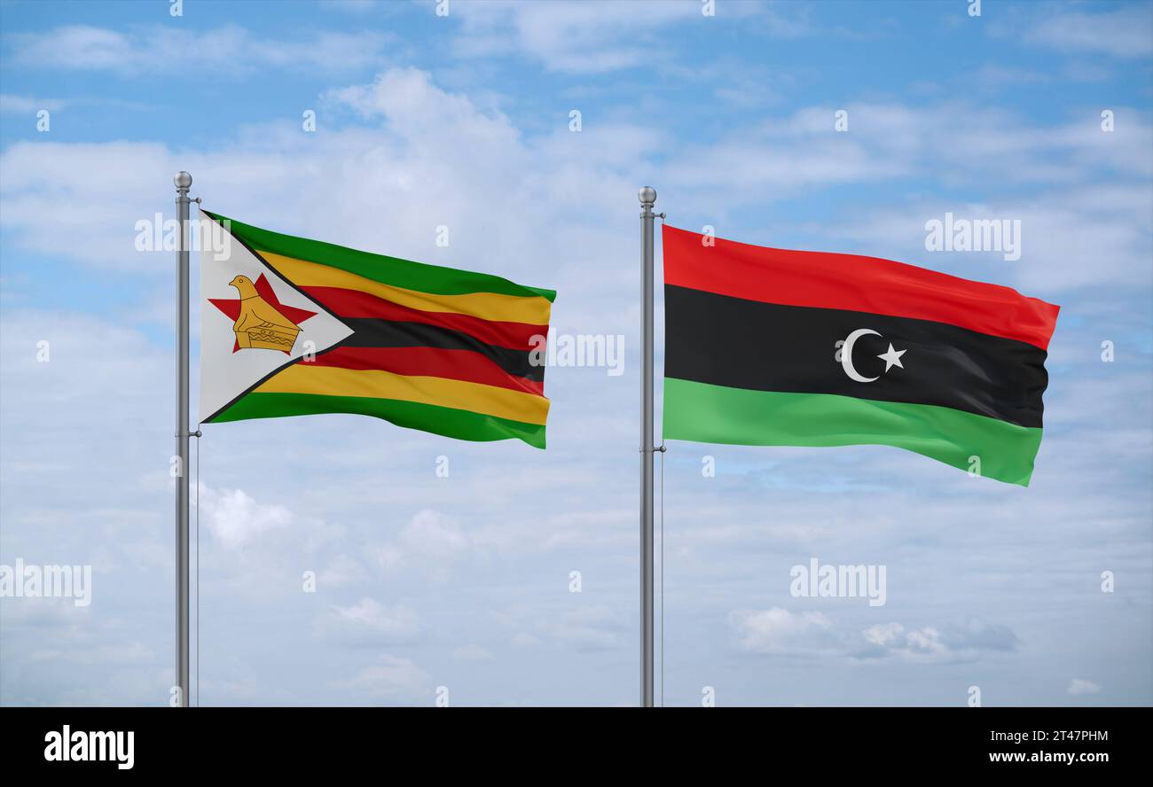 Libya and Zimbabwe flags waving together in the wind on blue cloudy sky ...