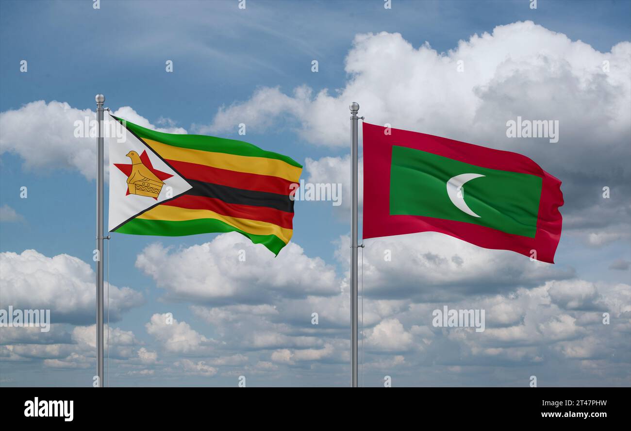 Maldives and Zimbabwe flags waving together on blue cloudy sky, two ...