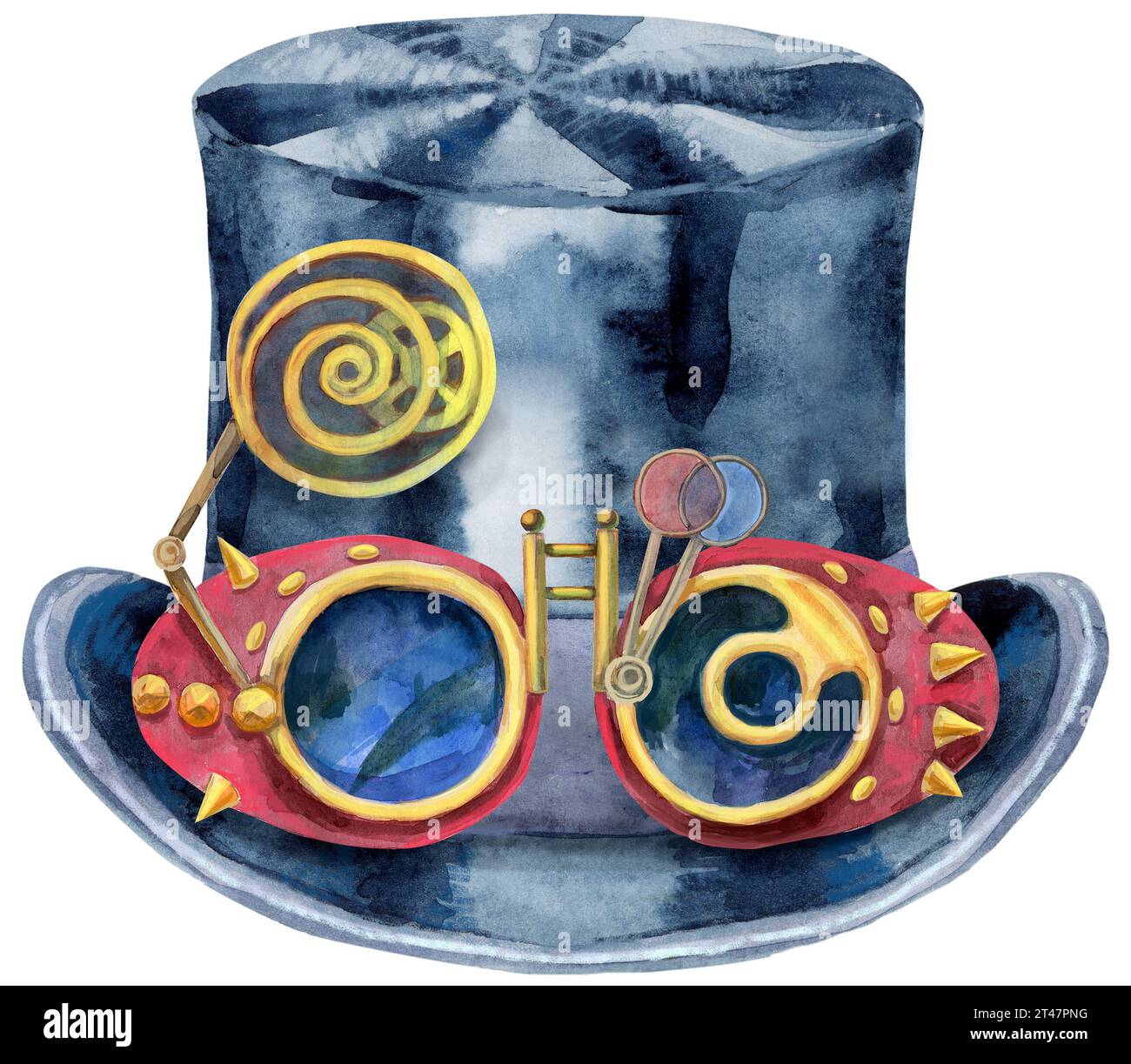 Watercolor hat top hat with steampunk goggles. Vintage mens dress. For clothing design Stock Photo