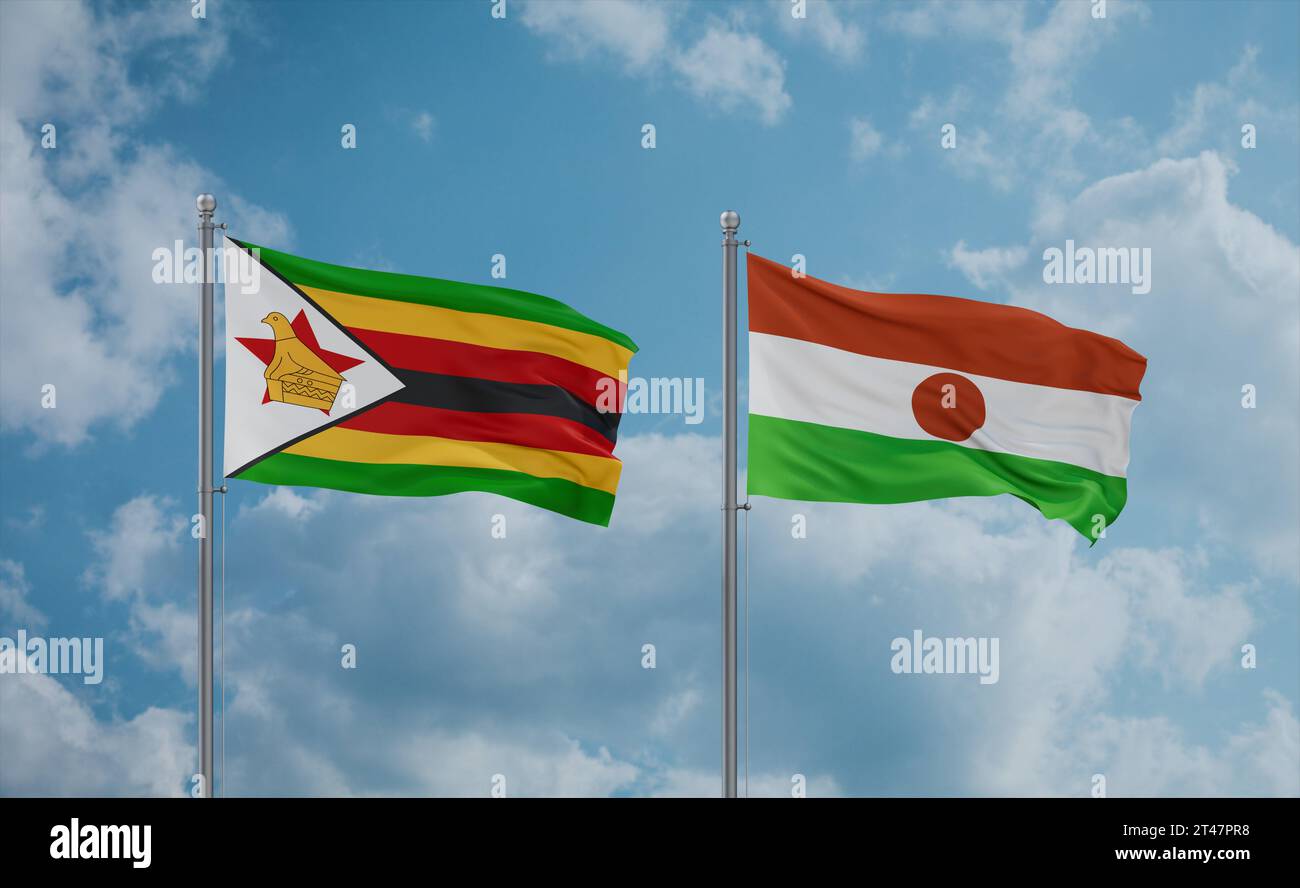 Niger and Zimbabwe flags waving together on blue cloudy sky, two ...