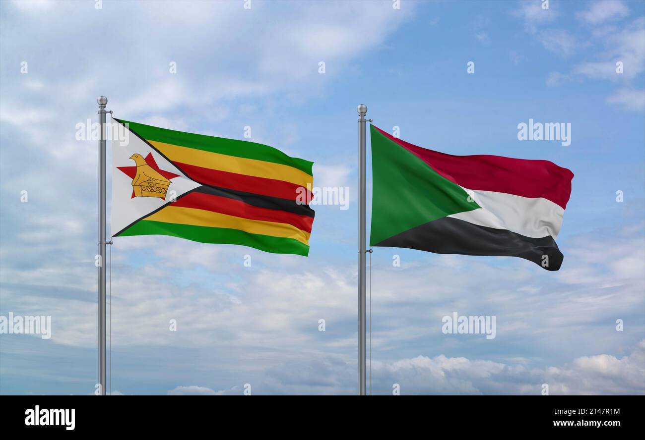 Sudan and Zimbabwe flags waving together in the wind on blue cloudy sky ...