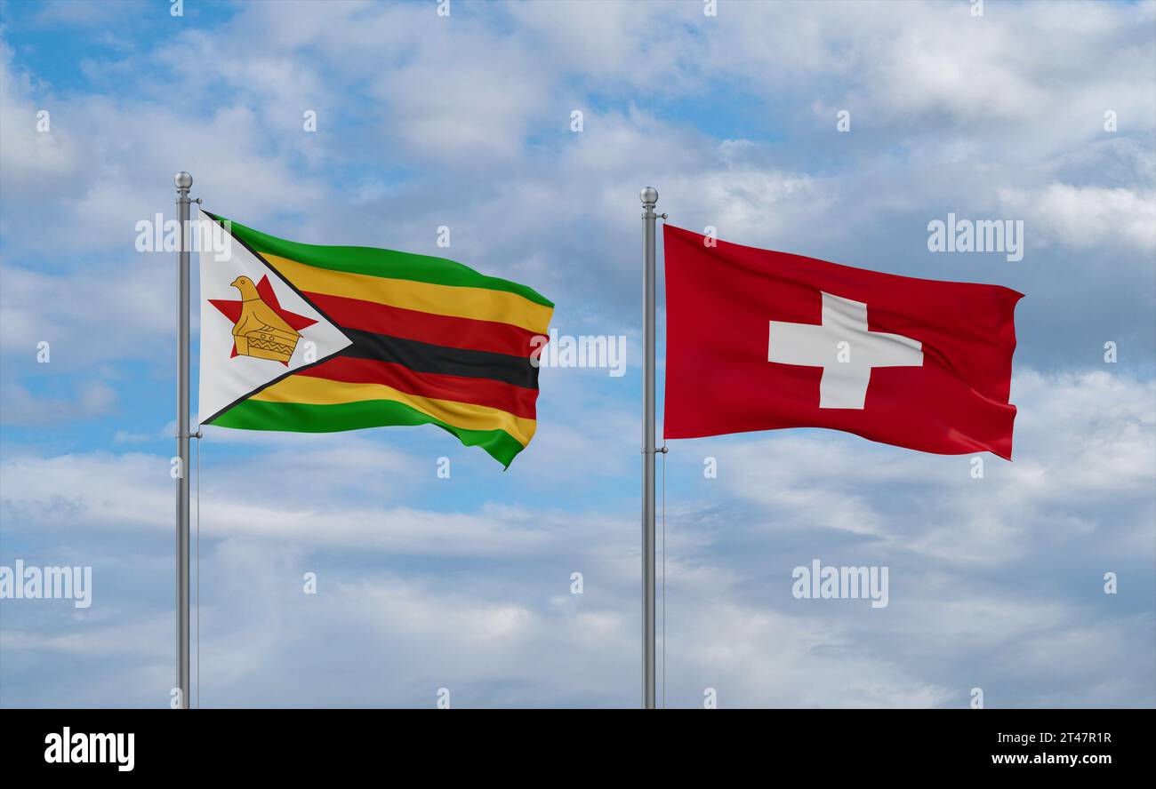 Switzerland and Zimbabwe flags waving together in the wind on blue ...