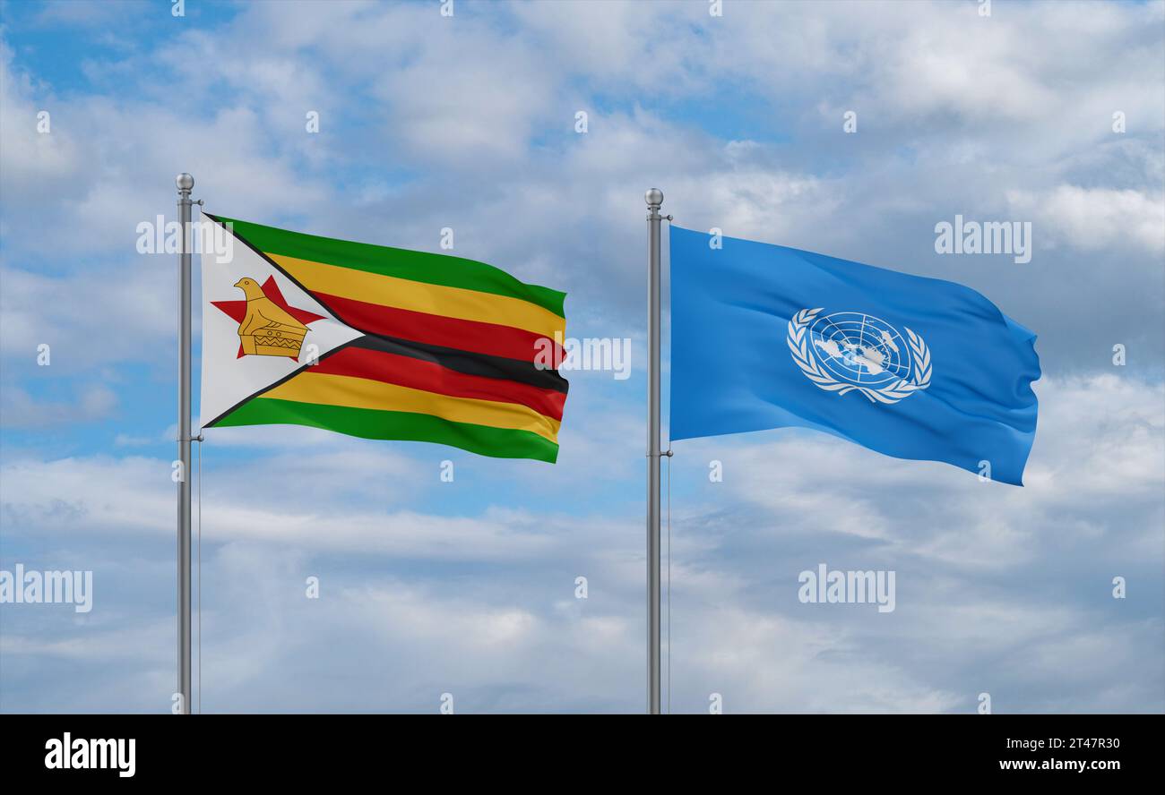 United Nations and Zimbabwe flags waving together in the wind on blue ...