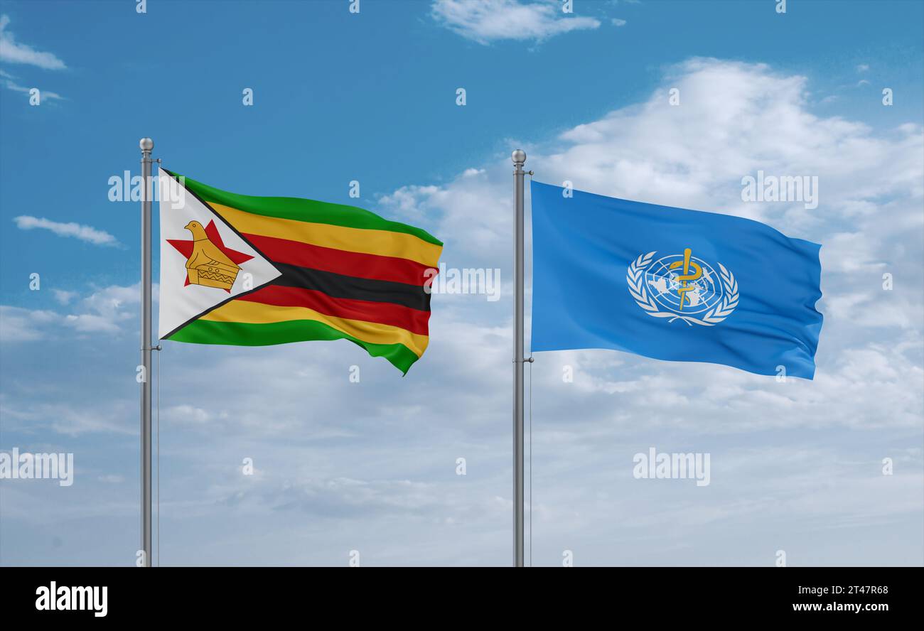 World Health Organization and Zimbabwe flags waving together in the ...