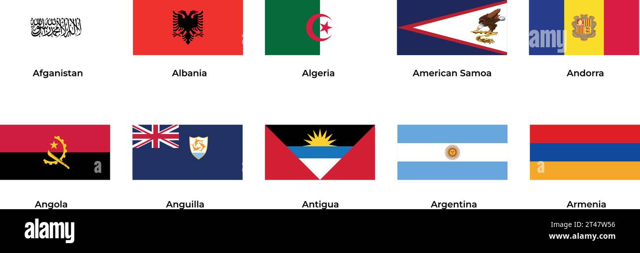 National flag of Afghanistan Albania Algeria Andorra Angola Anguilla Antigua Argentina Armenia  Stock Vector