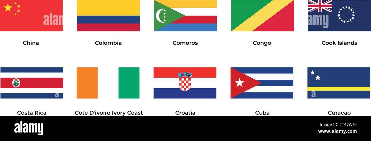 National flag of China Colombia Comoros Congo Costa Rica Ivory Coast Croatia Cuba Curacao Stock Vector