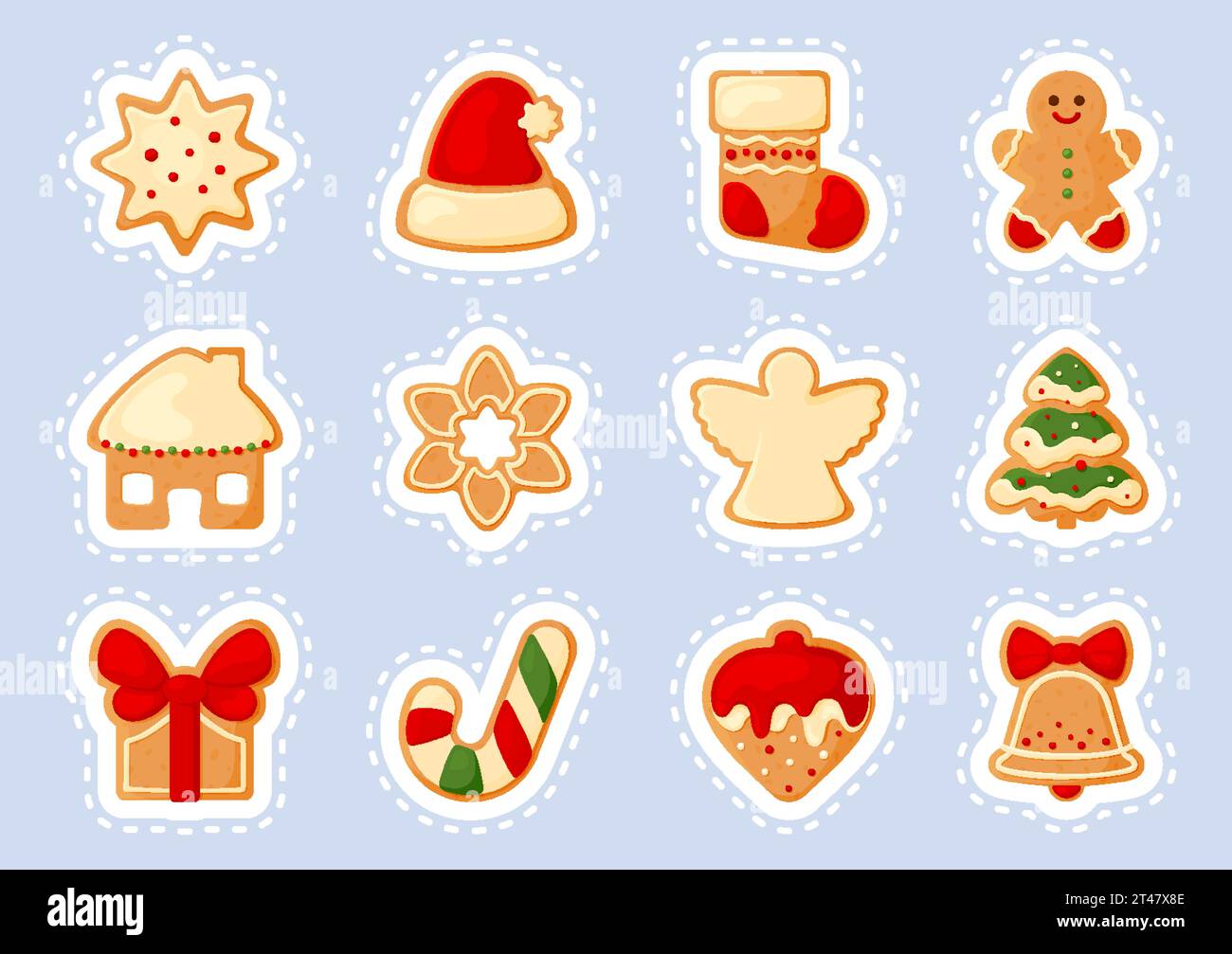 Christmas gingerbread sticker cut line sugar glaze cookie flat set. Winter dessert santa hat sock house star snowflake angel xmas tree gift bow ribbon ginger man candy cane bell sticky icing isolated Stock Vector
