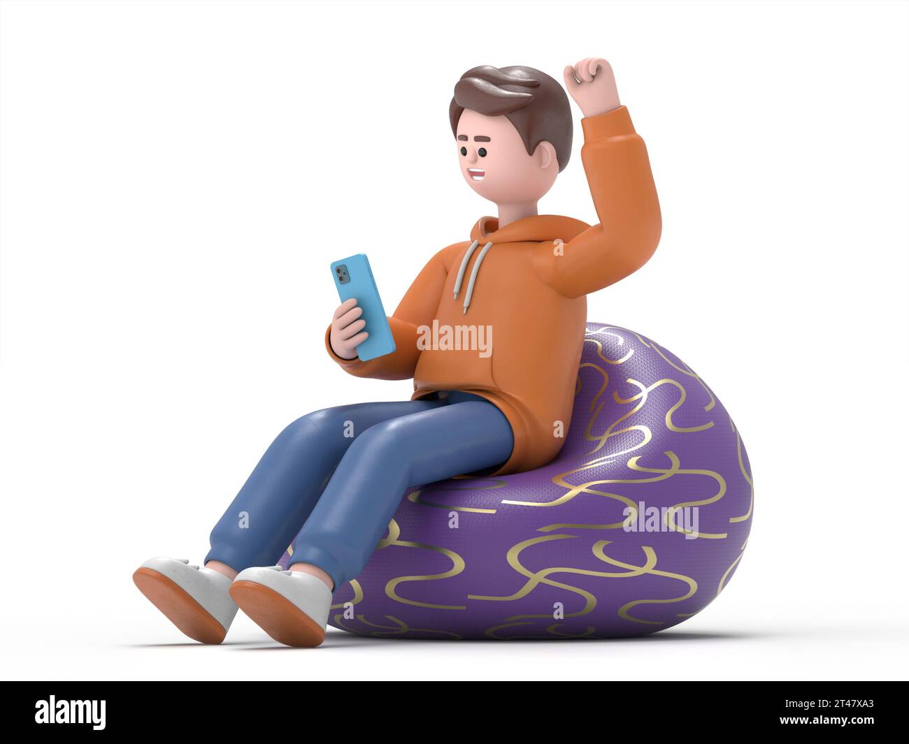 3D illustration of male guy Qadir in casual clothes sit in bag chair hold use mobile cell phone do winner gesture.3D rendering on white background. Stock Photo