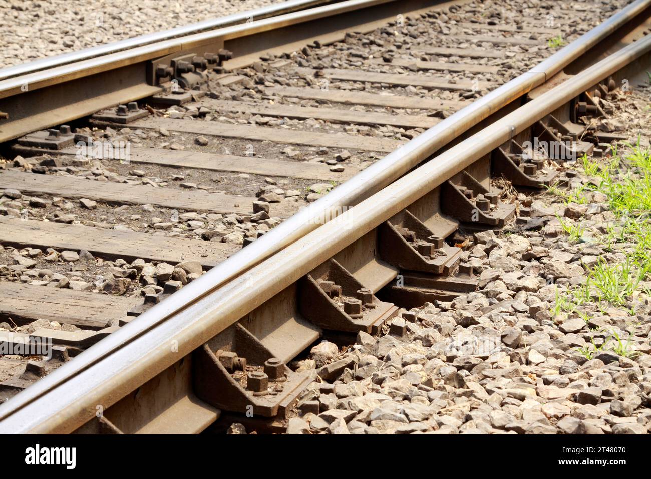 closeup of railway tracks, traditional types railway track Stock Photo