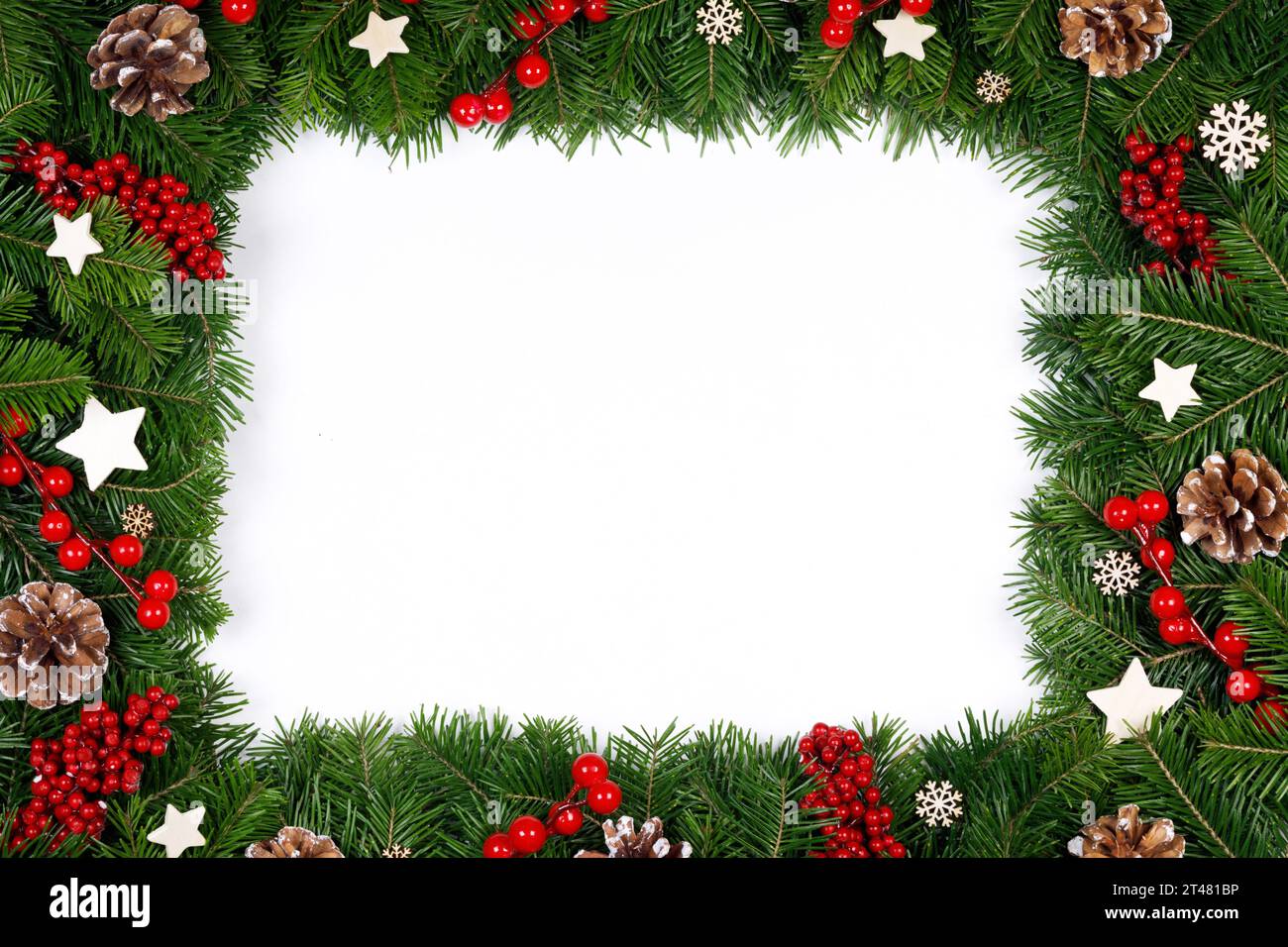Christmas Border frame of tree branches on white background with copy ...