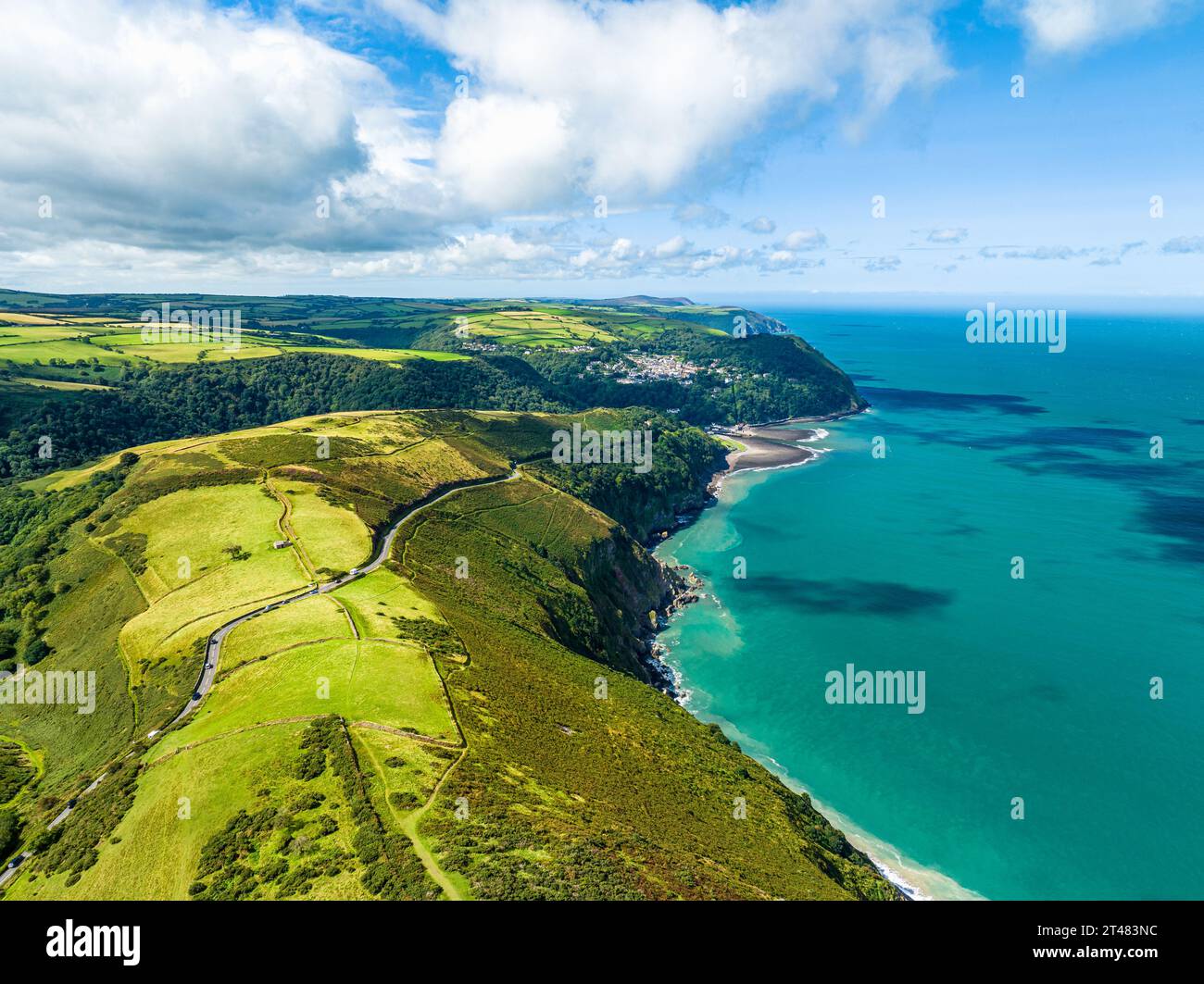Cliffs over Countisbury and Lynton from a drone, Devon, England, Europe Stock Photo