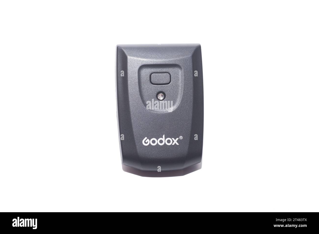 Moscow, Russia, October 20, 2023:. Godox Camera flash trigger isolated on white background. Stock Photo