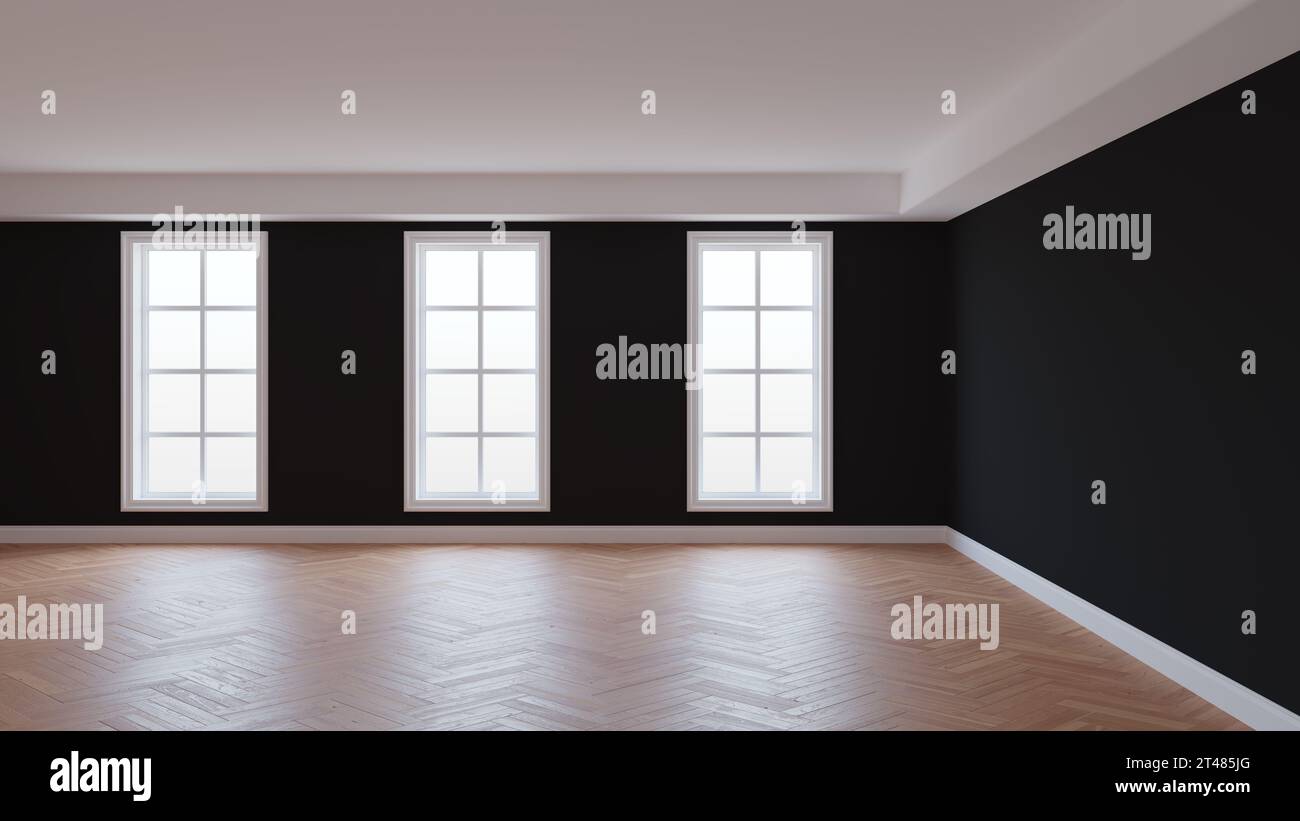 Interior with Black Walls, White Ceiling and Conrnice, Three Large