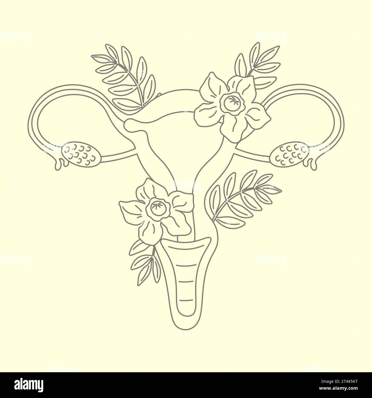 Pregnancy And Motherhood Uterus With Flowers Linear Illustration Woman