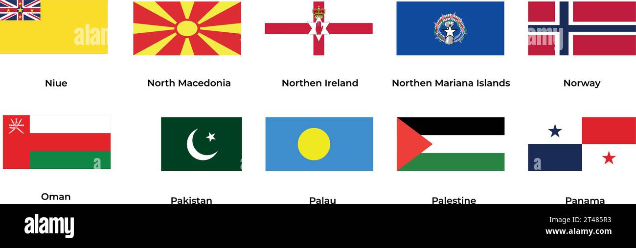 National flag of Niue North Macedonia Northern Ireland Norway Oman Pakistan Palau Palestine Panama  Stock Vector