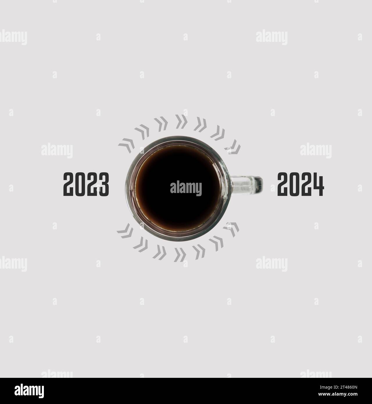 Happy New Year 2024. Cup of coffee change 2023 to 2024 on white background. Start concept. Minimal composition. Flat lay, top of view. Stock Photo