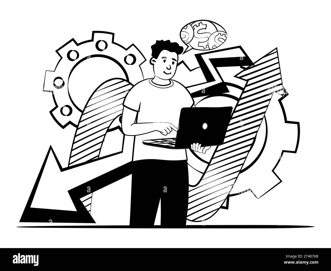 hand drawn vector image of man who plans digital business for the