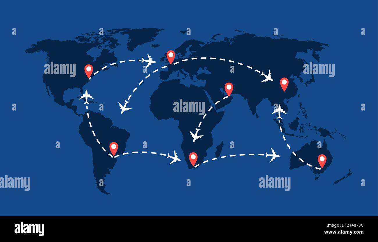 World Travel Map With Airplanes, Flight Routes And Pins Marker. Vector ...