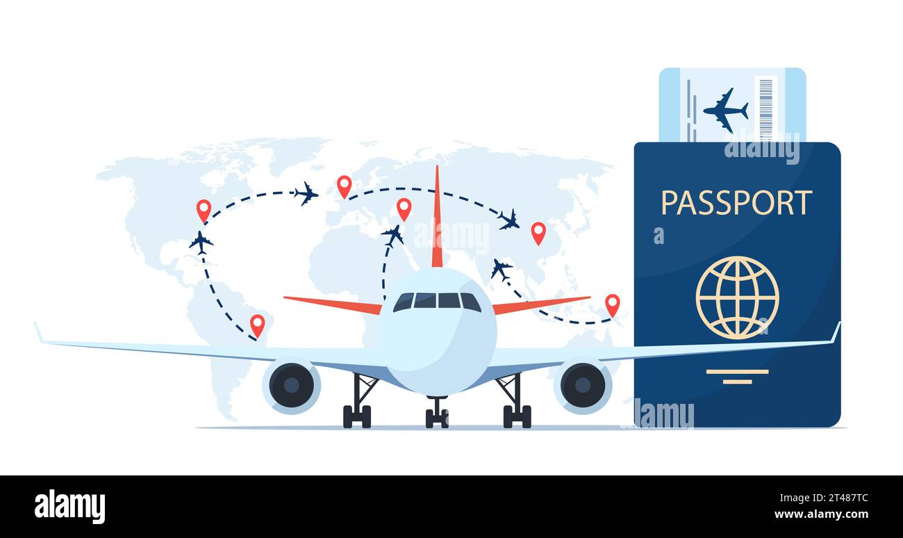 Aircraft, passport with air ticket, world map with flight routes and pins marker. Time to travel concept. Traveling by plane. International flight. Ve Stock Vector