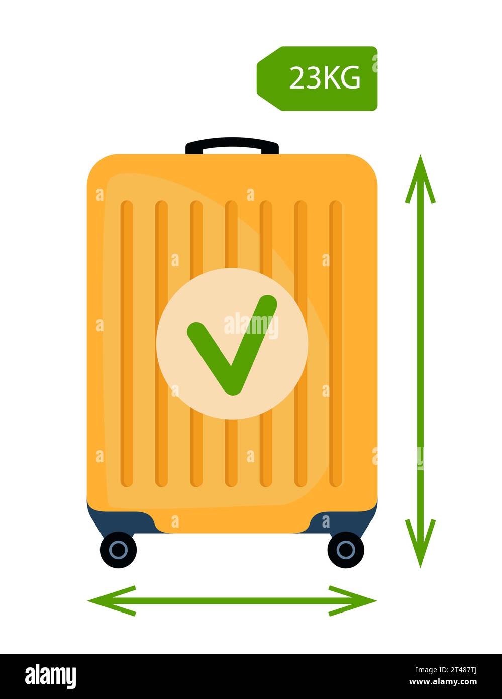 Baggage allowance. Wheeled suitcase with dimensional arrows and green