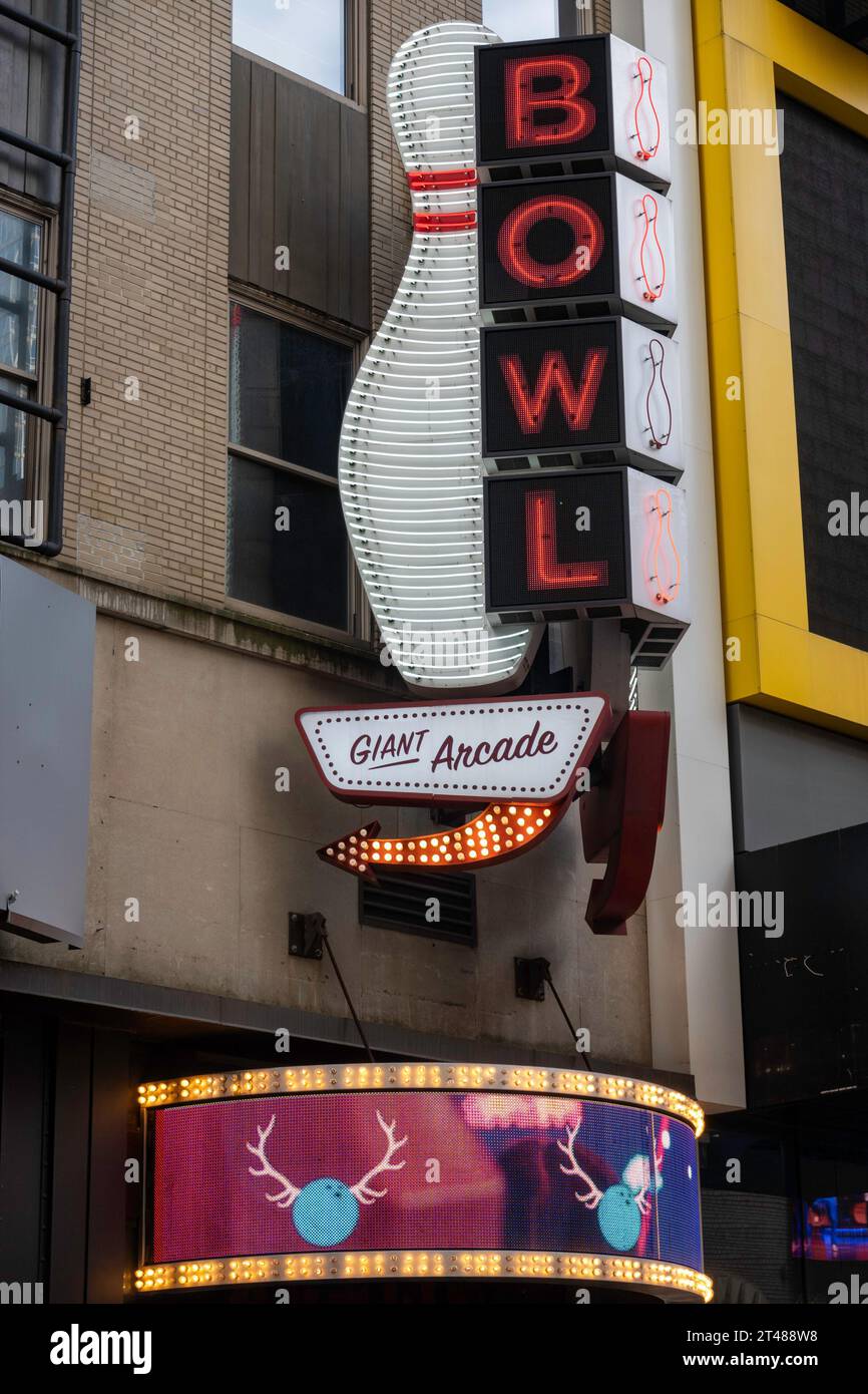 Signage for the Bowling, Arcade, Bar, & More at Bowlero Times Square in