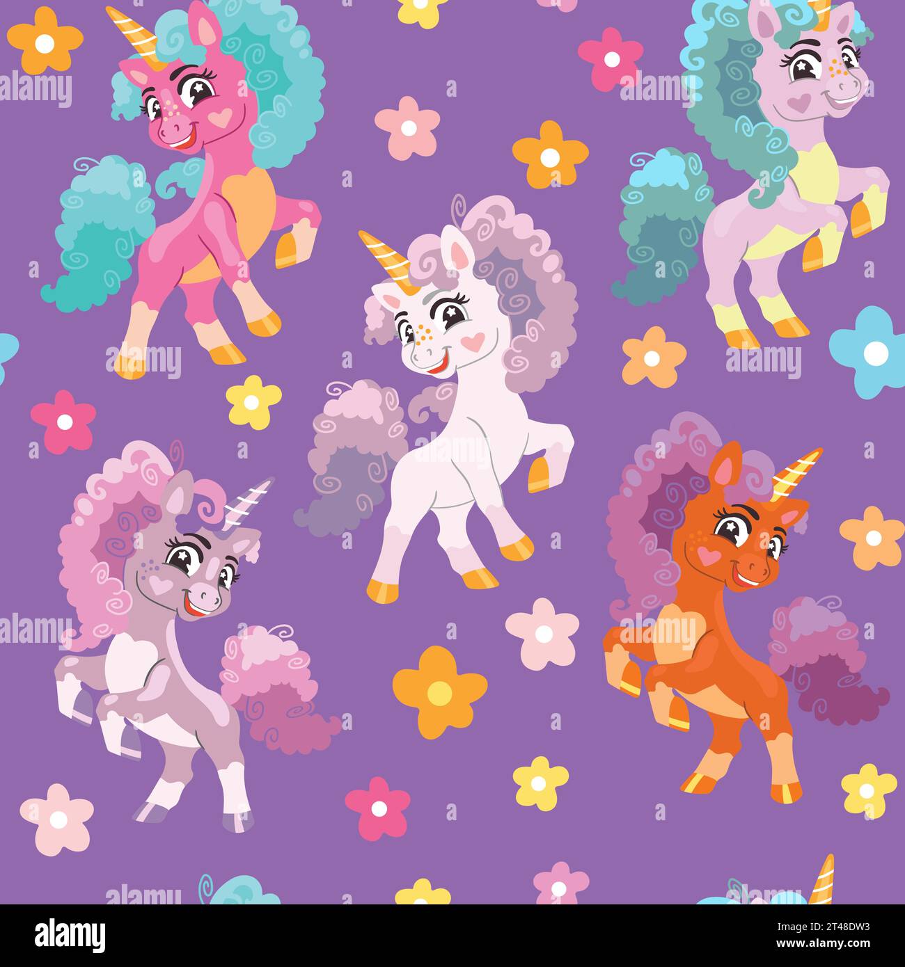 Seamless vector pattern cute unicorns with curly pink mane and tail ...