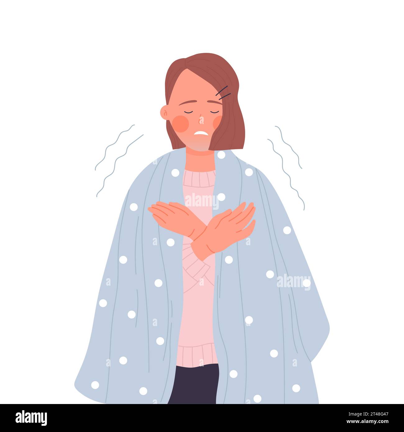 Shivering girl with blanket. Young lady suffering from hypothermia