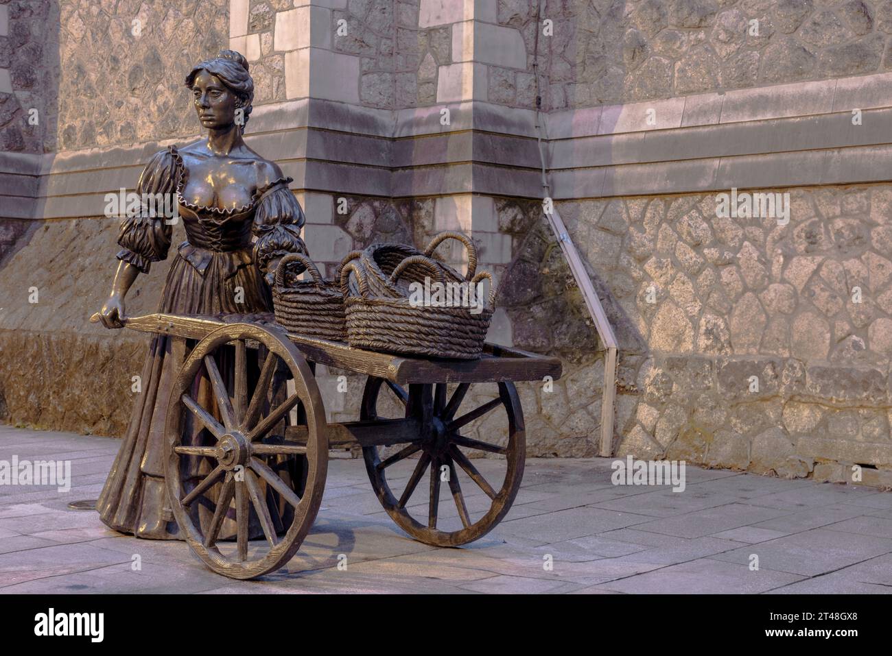 The Molly Malone Statue is a bronze statue of a young woman selling cockles and mussels on Grafton Street in Dublin, Ireland. Stock Photo