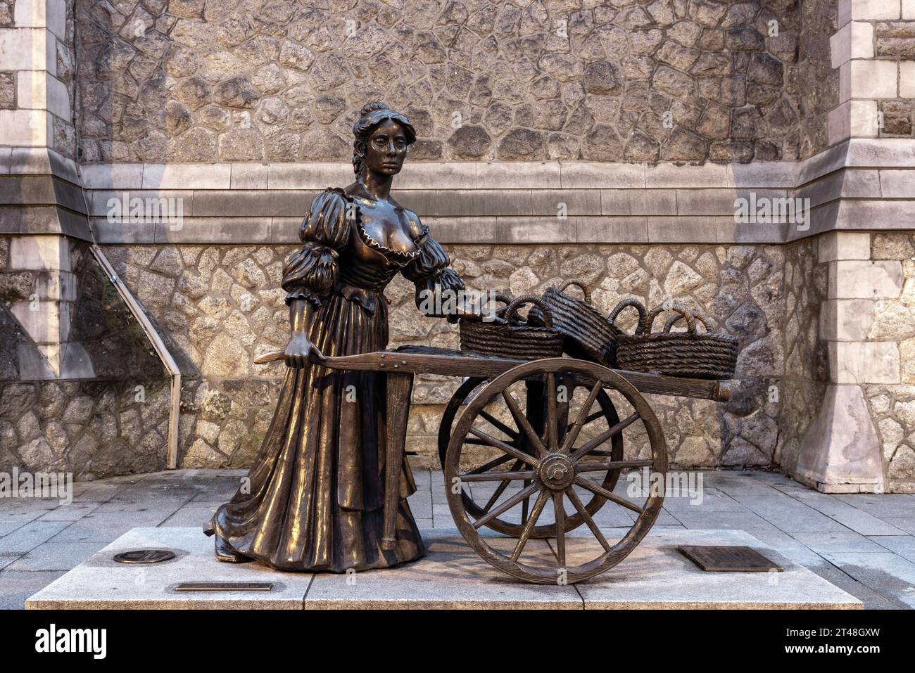 The Molly Malone Statue is a bronze statue of a young woman selling cockles and mussels on Grafton Street in Dublin, Ireland. Stock Photo
