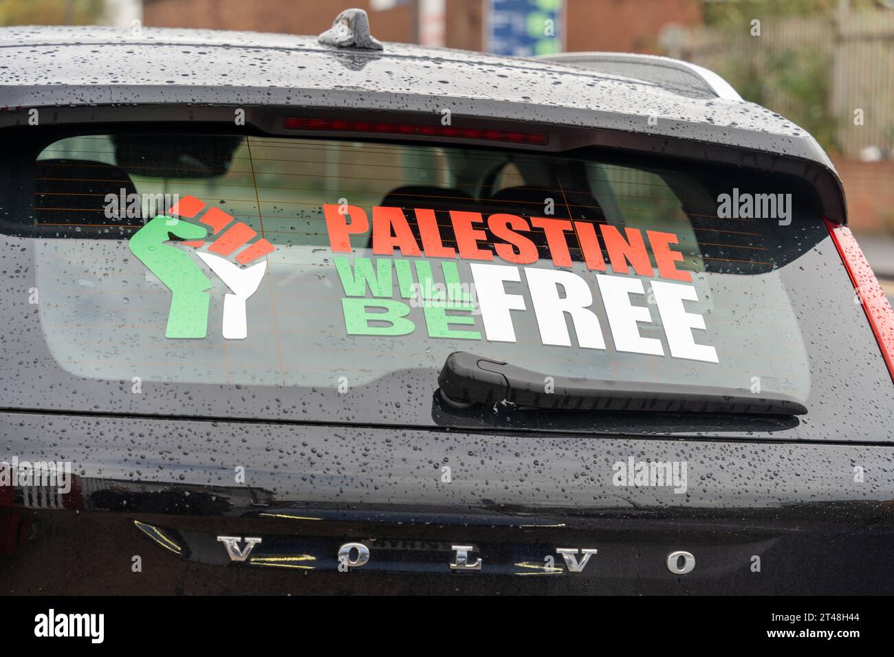A decal on the back of a car in Middlesbrough, UK reads, Palestine Will Be Free Stock Photo