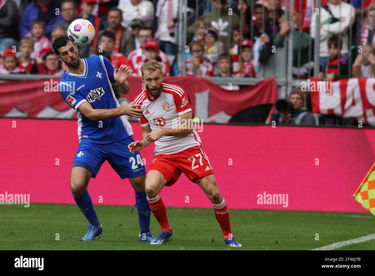 MUNICH, Germany. , . 27 Konrad LAIMER of Fc Bayern vs 24 Luca PFEIFFER of Darmstadt in action during the Bundesliga Football match between Fc Bayern Muenchen and SV DARMSTADT 98 at the Allianz Arena in Munich on 28. October 2023, Germany. DFL, Fussball, 8:0, (Photo and copyright @ ATP images/Arthur THILL (THILL Arthur/ATP/SPP) Credit: SPP Sport Press Photo. /Alamy Live News Stock Photo