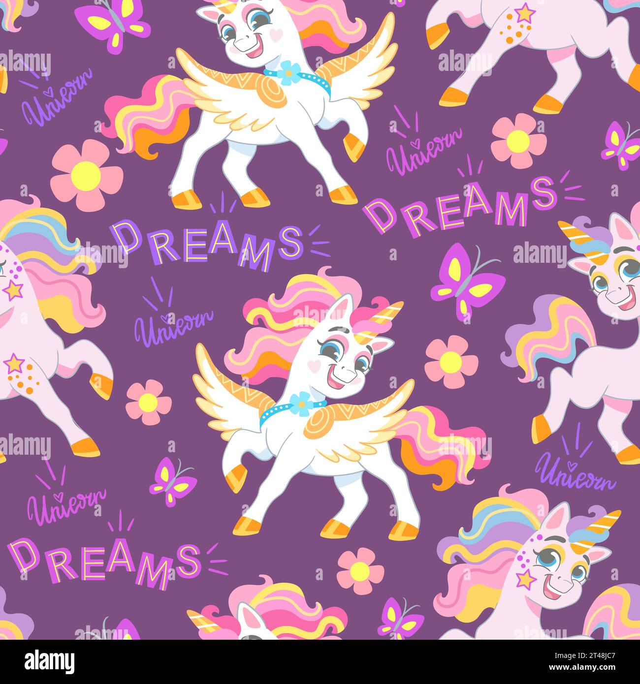 Seamless vector pattern with cute wingled unicorns with a magic ...
