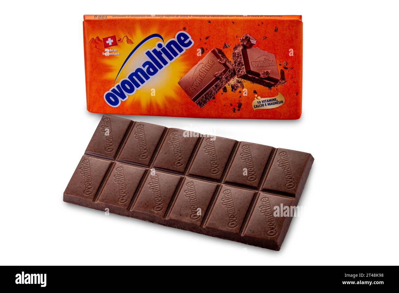 Italy - August 22, 2023: Ovomaltine milk chocolate bar, typical orange