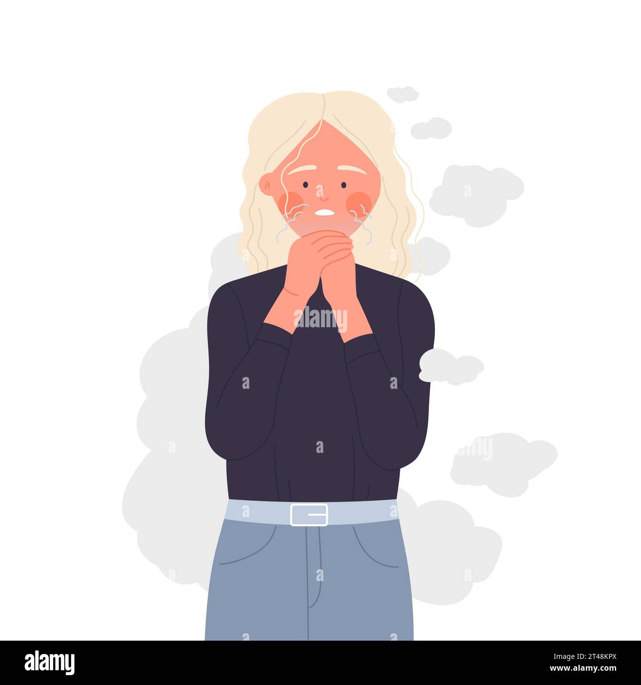 Freezing girl feeling cold. Low winter temperature, hypothermia feeling