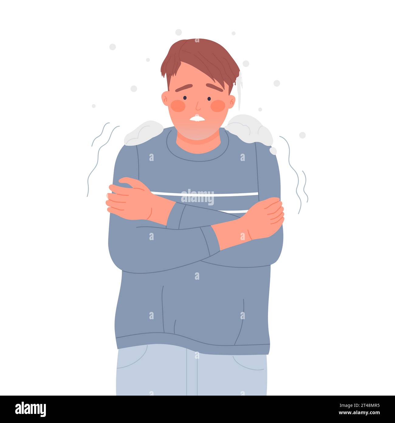 Shivering boy under the snow. Winter cold time, teenager feeling cold