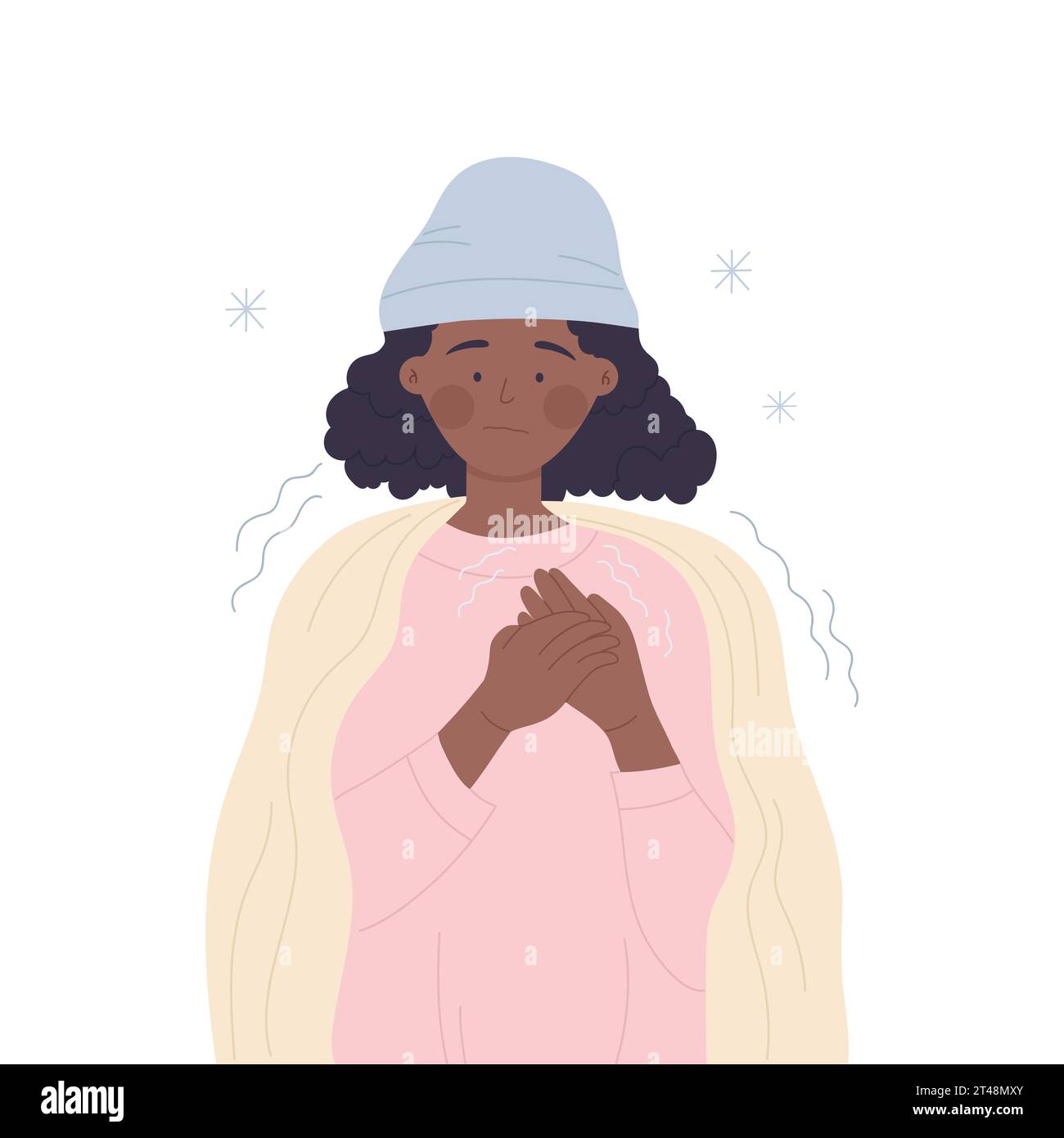 Freezing girl covered with blanket. Young lady feeling cold temperature