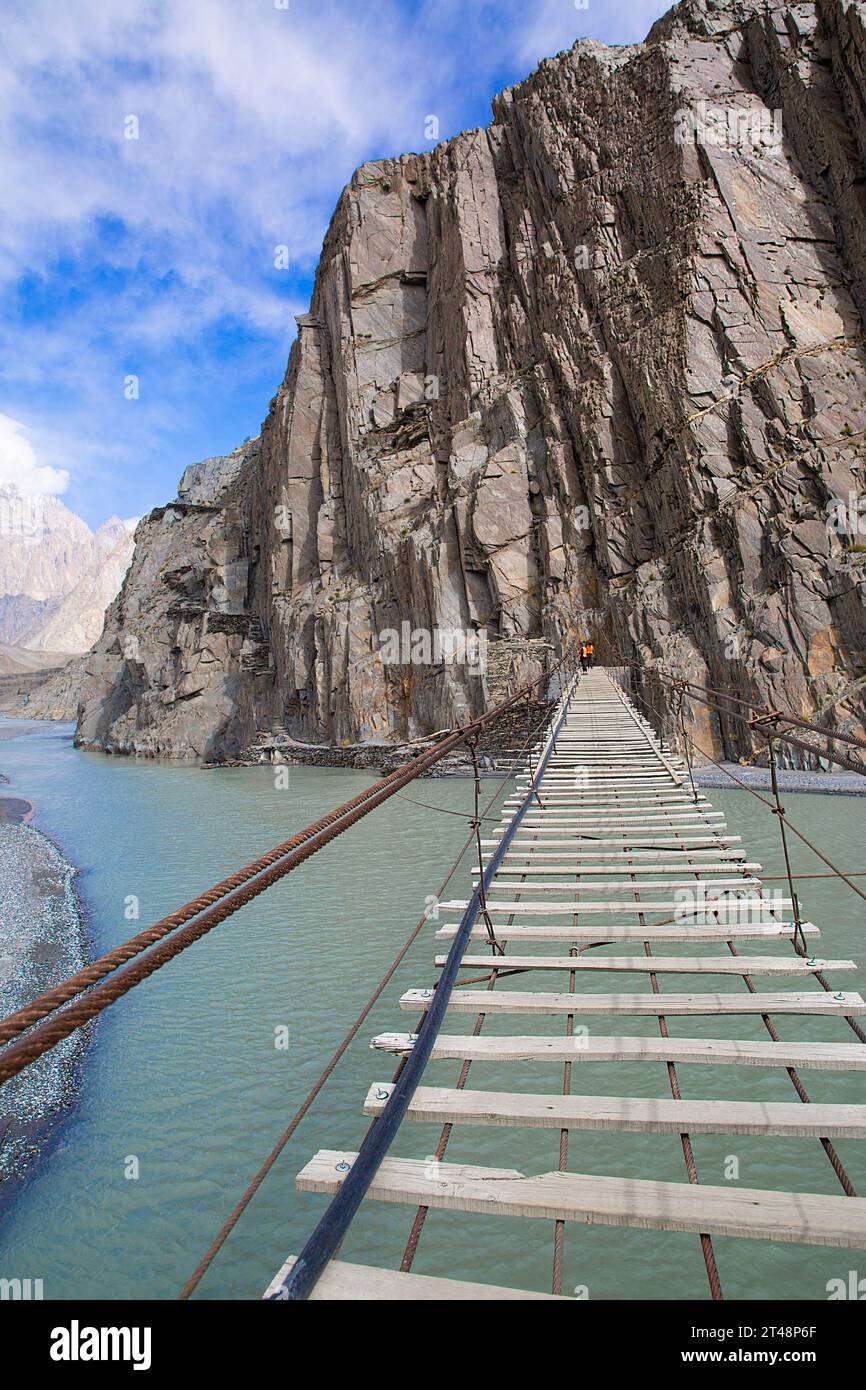 Suspension Hussaini bridge in Passu, Upper Hunza. Dangerous scary
