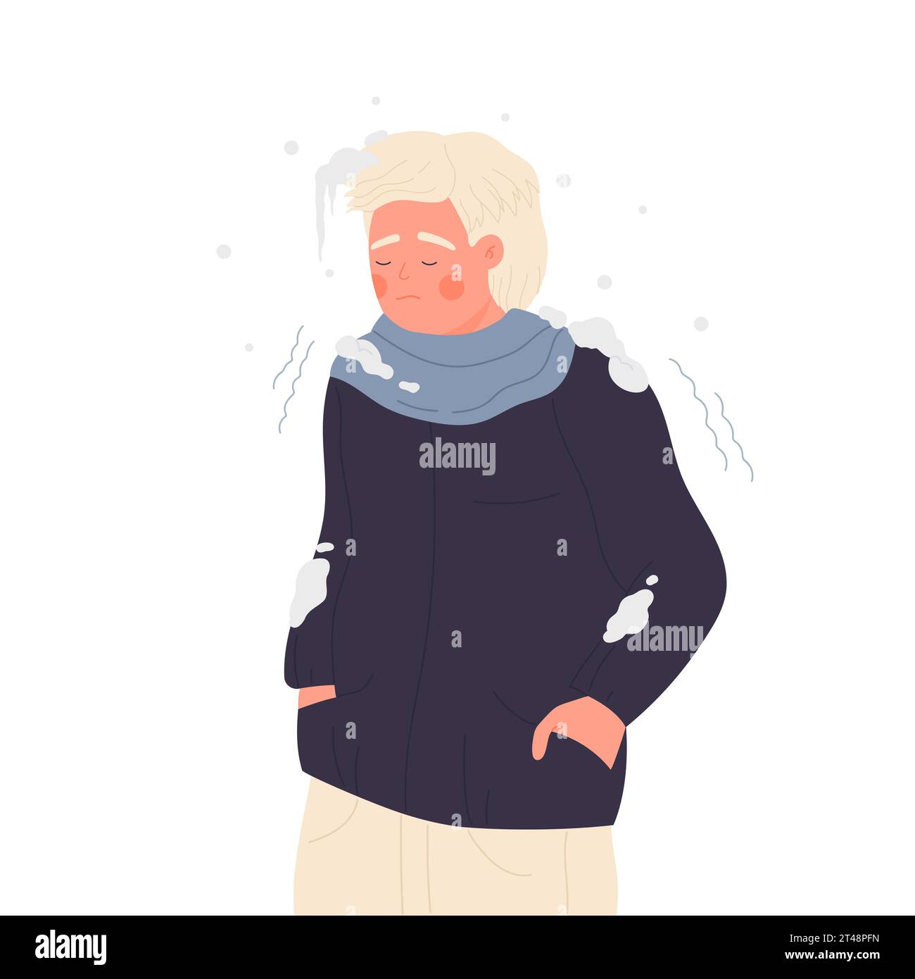 Freezing sad boy under snowing weather. Young man feeling cold winter