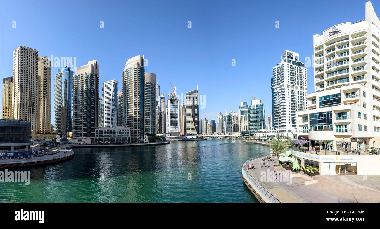 United Arab Emirates, Dubai, April 15th, 2016. Panoramic view of Marina Walk with the harbour Stock Photo