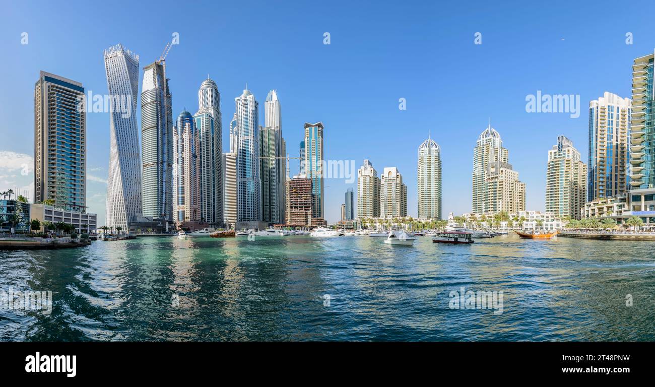 United Arab Emirates, Dubai, April 15th, 2016. Panoramic view of Marina Walk with all skyscrapers and the harbor Stock Photo