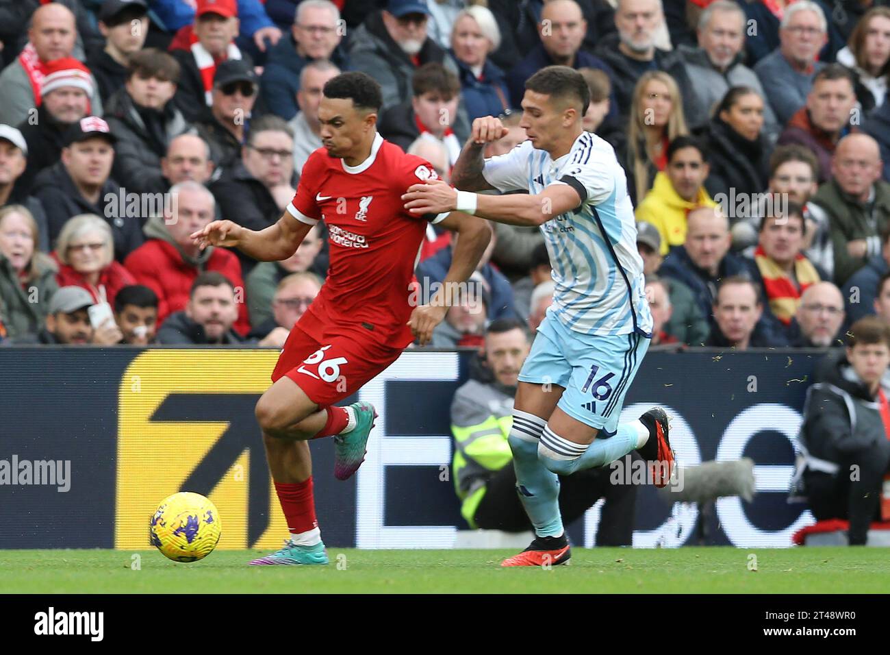 Liverpool, UK. 29th Oct, 2023. Trent Alexander-Arnold of Liverpool (l) looks to get away from Nicolas Dominguez of Nottingham Forest. Premier League match, Liverpool v Nottingham Forest at Anfield in Liverpool on Sunday 29th October 2023. this image may only be used for Editorial purposes. Editorial use only, pic by Chris Stading/Andrew Orchard sports photography/Alamy Live news Credit: Andrew Orchard sports photography/Alamy Live News Stock Photo