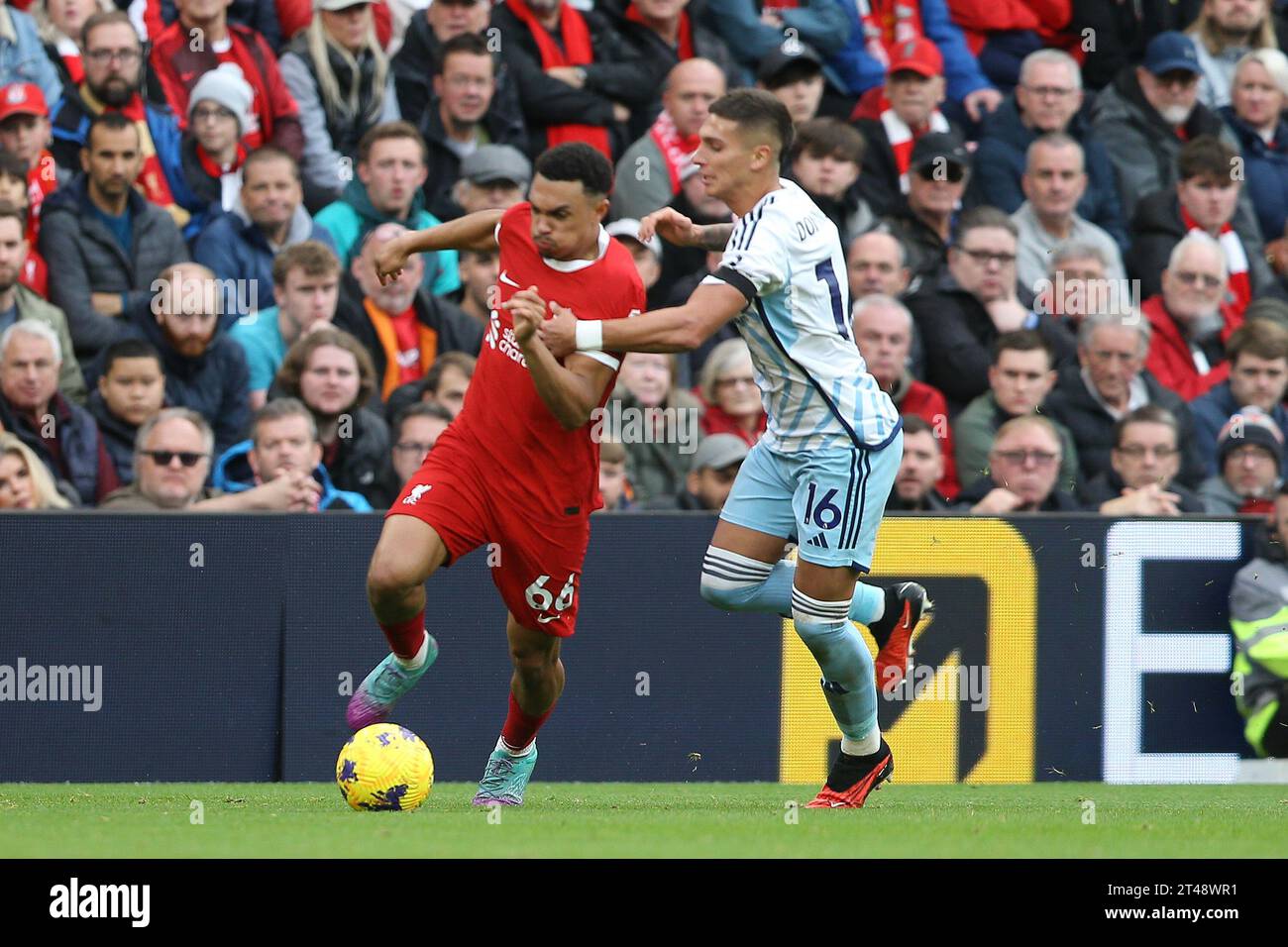 Liverpool, UK. 29th Oct, 2023. Trent Alexander-Arnold of Liverpool (l) looks to get away from Nicolas Dominguez of Nottingham Forest. Premier League match, Liverpool v Nottingham Forest at Anfield in Liverpool on Sunday 29th October 2023. this image may only be used for Editorial purposes. Editorial use only, pic by Chris Stading/Andrew Orchard sports photography/Alamy Live news Credit: Andrew Orchard sports photography/Alamy Live News Stock Photo