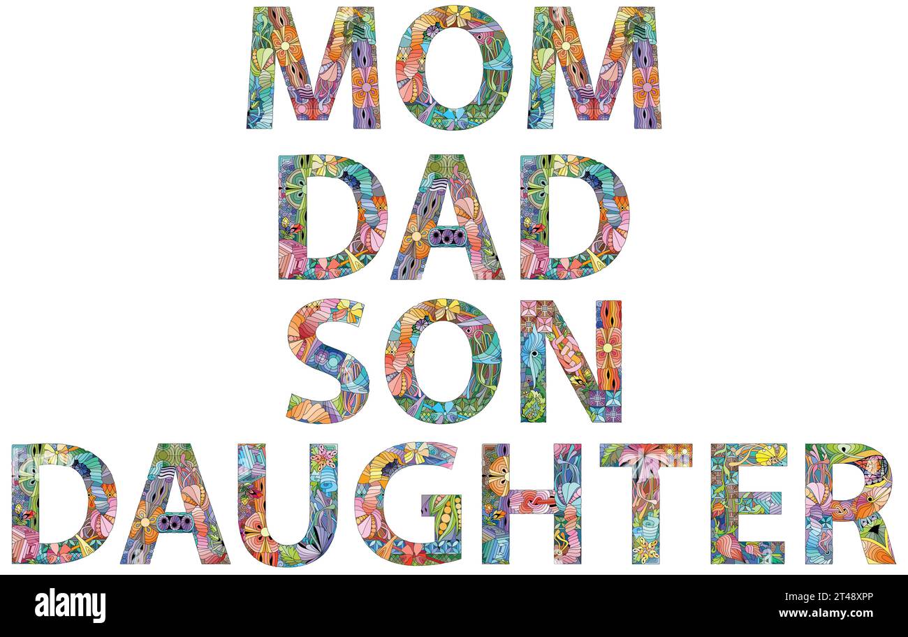 Hand-painted art design. Hand drawn illustration words MOM DAD SON ...
