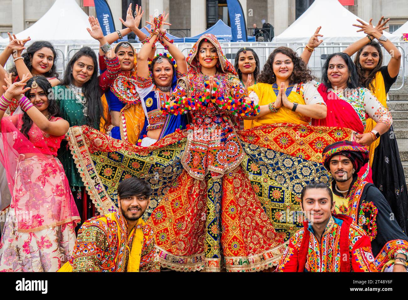 London, UK. 29th Oct, 2023. Chittal Vyas and and her Dancebeats in the rain at the start - Diwali in London, the annual Festival of Light in Trafalgar Square. Supported by the Mayor of London and relevant cultural organisations. Credit: Guy Bell/Alamy Live News Stock Photo