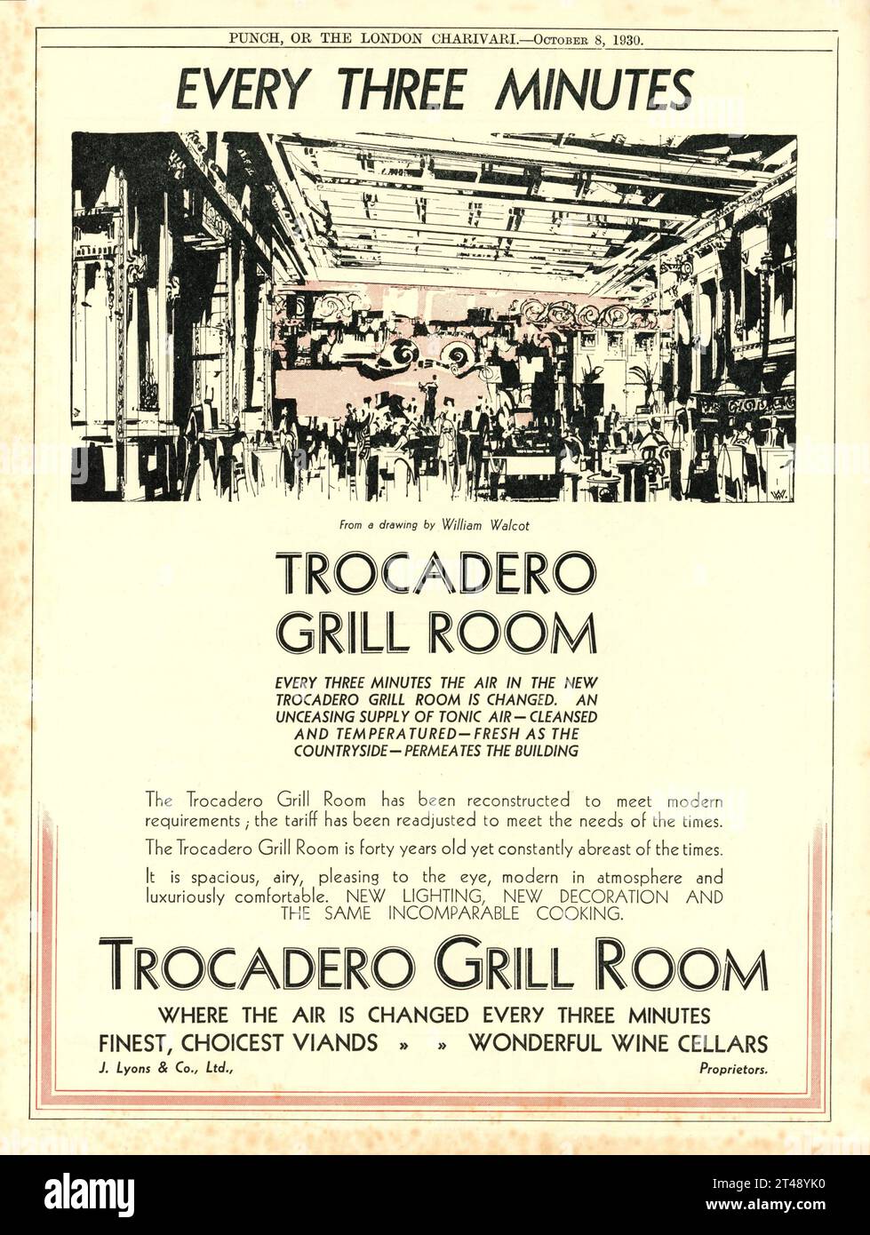 The Newly Reconstructed TROCADERO GRILL ROOM Coventry Street, London Proprietors J. Lyons & Co., Ltd. 1930 British Magazine Advertisement. Stock Photo