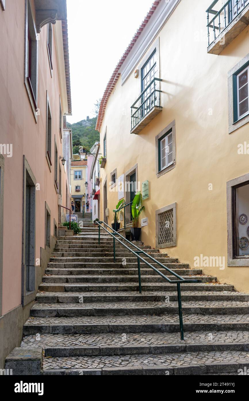 Steep street with steps, Escadinhas Félix Nunes, Sintra, Lisbon Region, Portugal Stock Photo