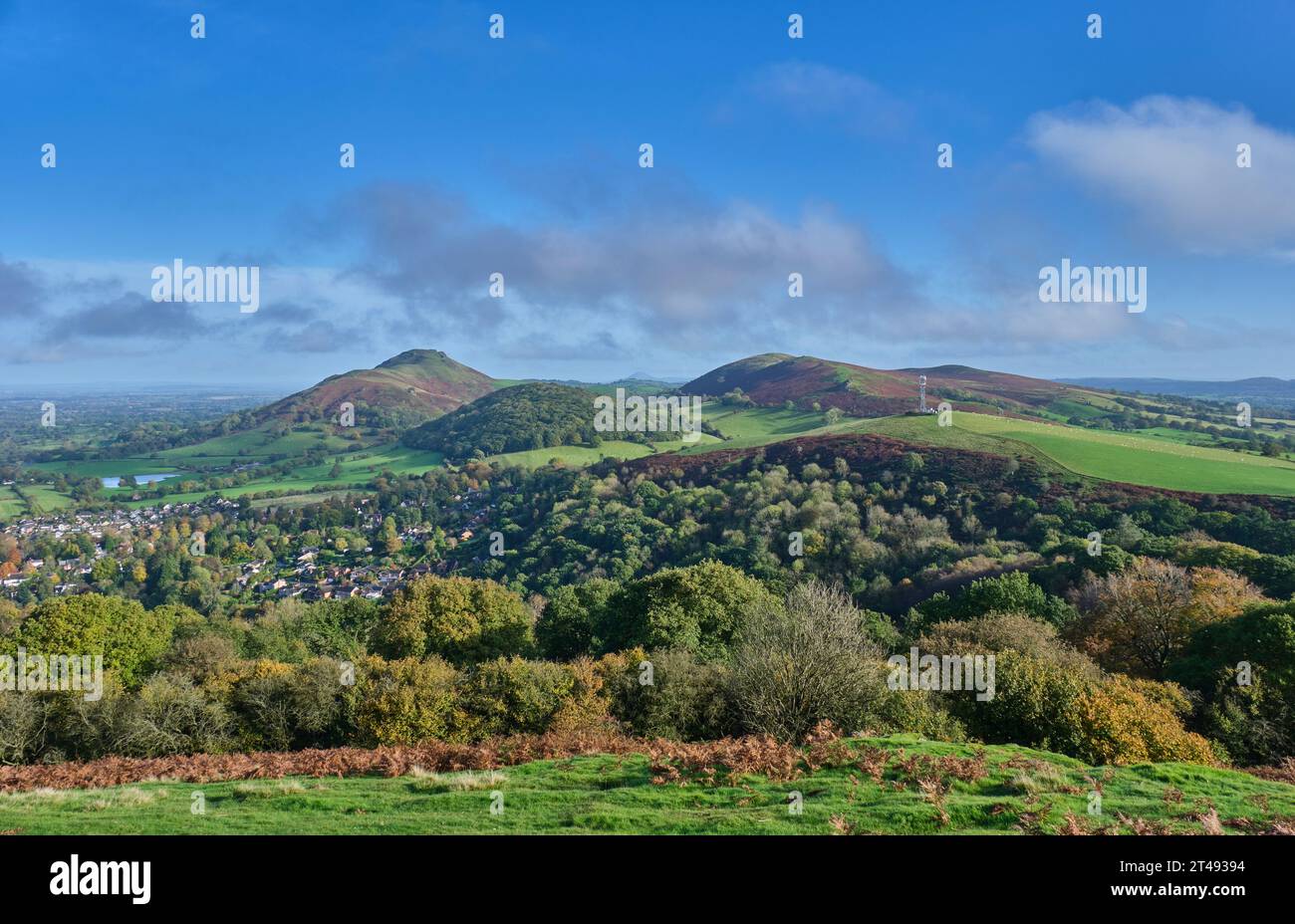 Caer Caradoc, Helmeth, The Wrekin, Hope Bowdler Hill and Hazler Hill seen from Ragleth Hill, Church Stretton, Shropshire Stock Photo