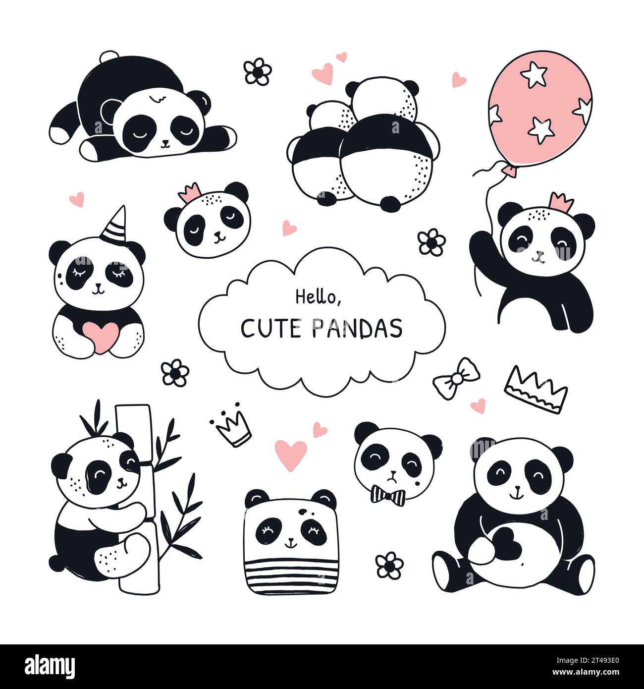 Cute panda. Doodle baby bear. Koala animal tattoo characters. Cartoon print for kid nursery. Kids birthday. Lazy fluffy mammal relaxing on bamboo. Smi Stock Vector